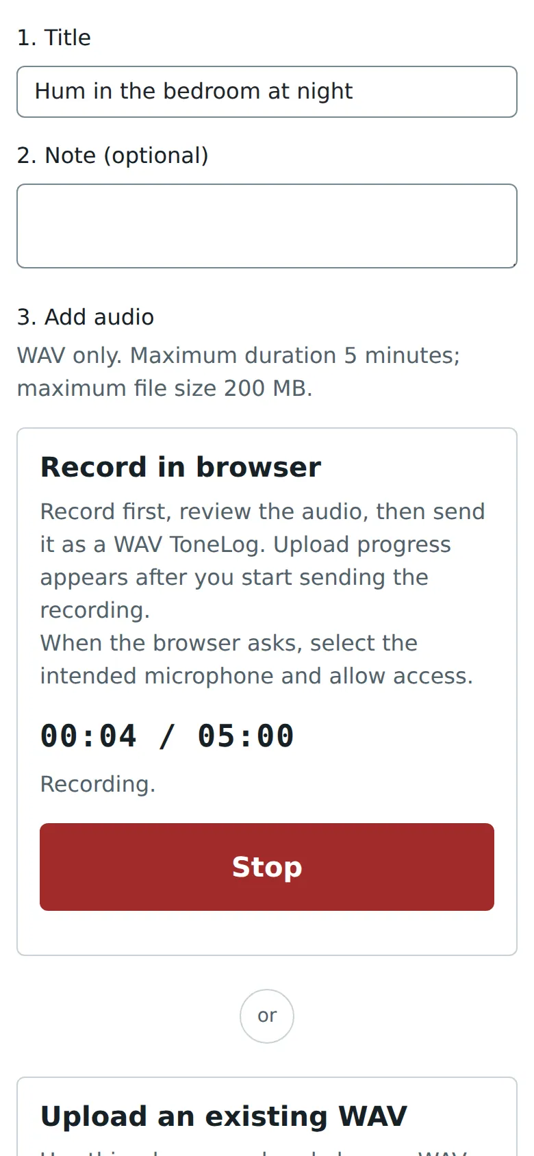 Recording a ToneLog in a phone's browser.